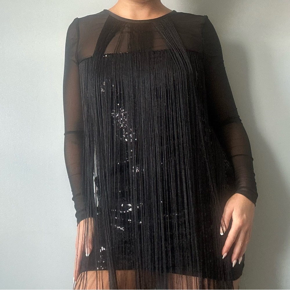 express black sparkle mini dress with fringe & mesh long sleeve